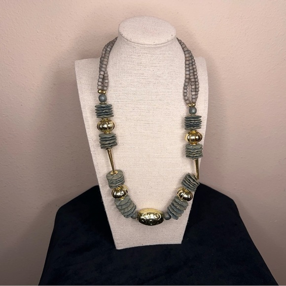 Vintage Beaded Necklace Gold Olive Grey Tribal Textured Boho Bohemian Chunky - Picture 5 of 10